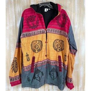 Bohemian Zodiac Tribal Boho Size XL Hooded Button Jacket Cotton Sweatshirt Nepal